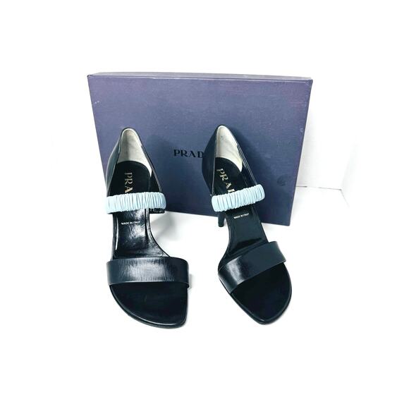 Vintage Prada Black Leather Heels with Blue Ruched Elastic Strap Size 36.5 - Picture 10 of 10